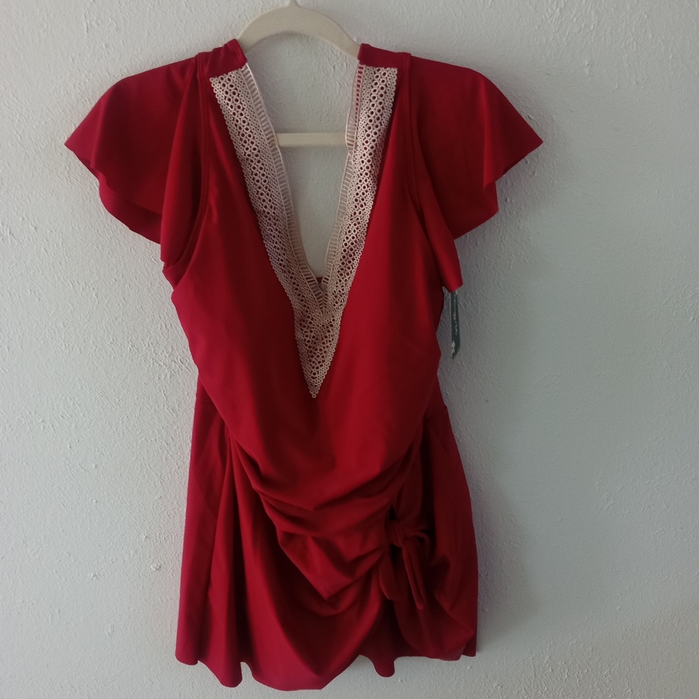 🆕 BLOOMING JELLY Scarlet Red Tummy Control Swim Dress | XXL NWT - Picture 5 of 8